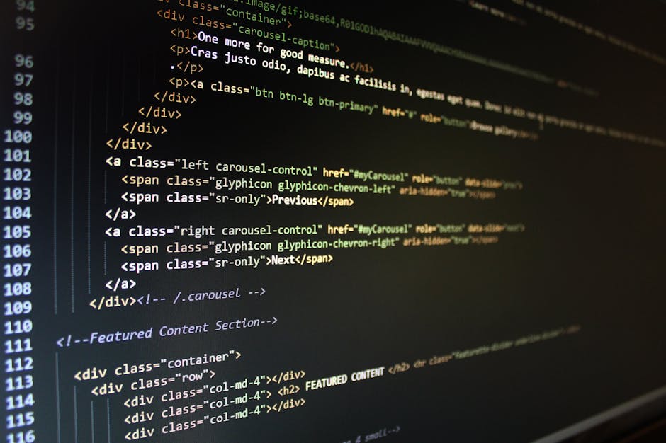 A detailed close-up image of a computer screen displaying lines of HTML code, including tags such as <div>, <span>, and <a>, with syntax highlighted in various colors like green, yellow, and blue. The